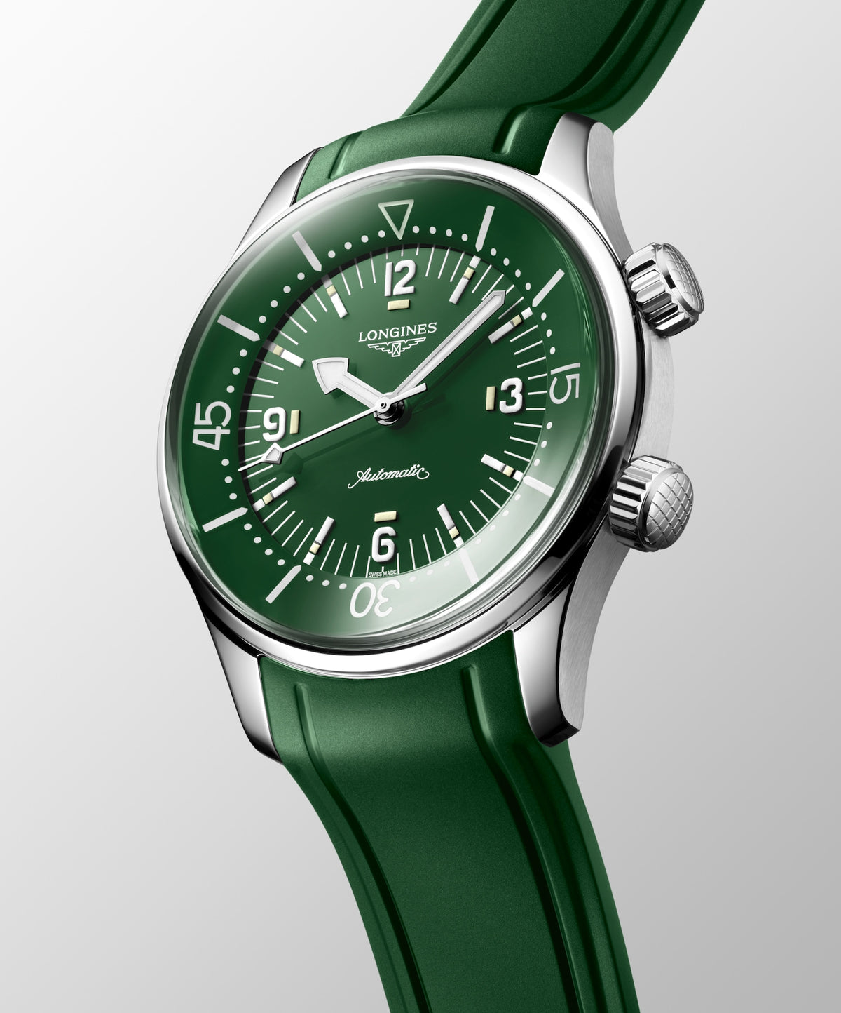 [SIMCHA-STANDALONE:L3.764.4.06.9:04] Longines Legend Diver 39.00 mm Automatic Green lacquered polished Dial Green Rubber strap Watch – L3.764.4.06.9 – LONGINES LEGEND DIVER L3.764.4.06.9 Automatic, Stainless steel, Green lacquered polished, Strap Watch - Watch face