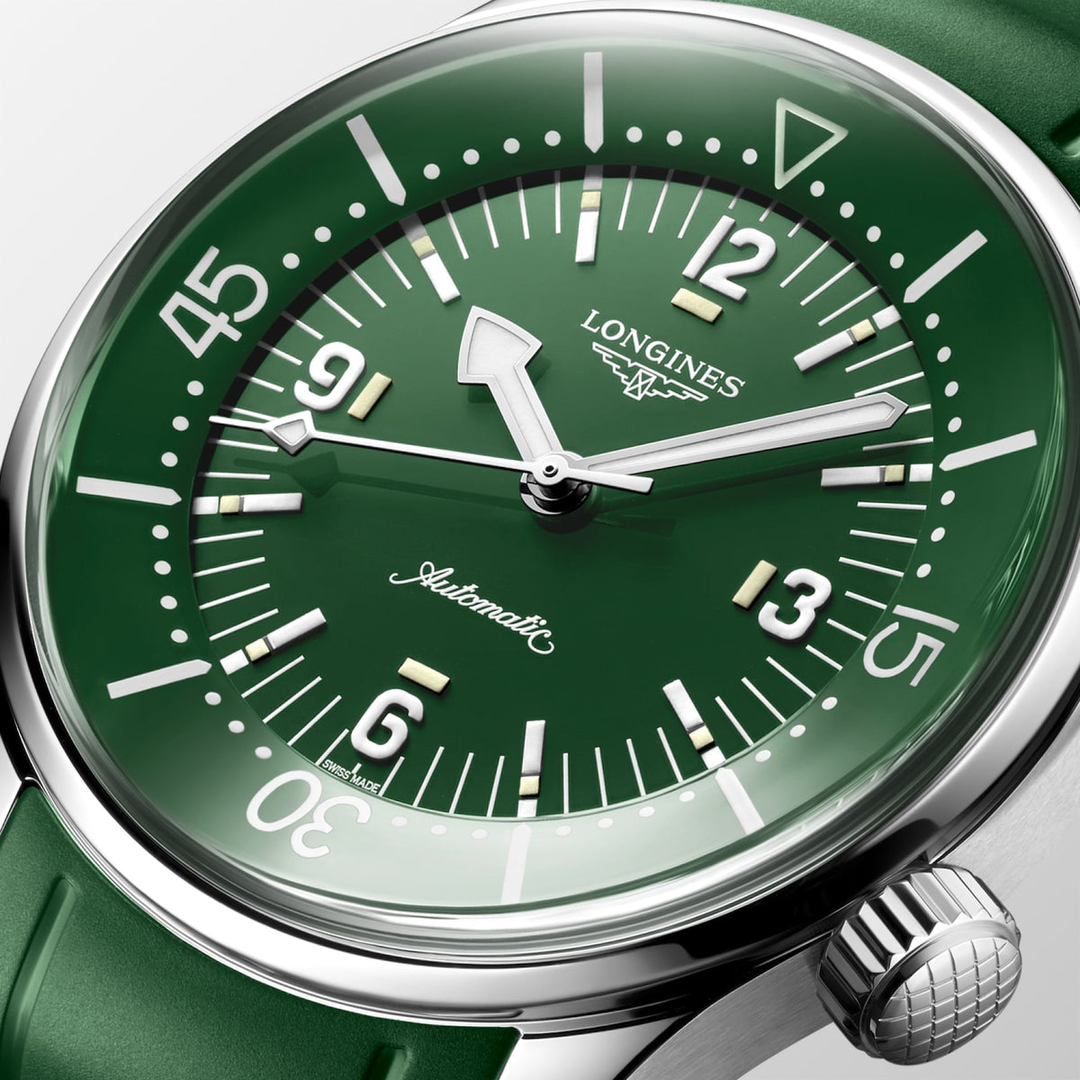 [SIMCHA-STANDALONE:L3.764.4.06.9:02] Longines Legend Diver 39.00 mm Automatic Green lacquered polished Dial Green Rubber strap Watch – L3.764.4.06.9 – LONGINES LEGEND DIVER L3.764.4.06.9 Automatic, Stainless steel, Green lacquered polished, Strap Watch - Face close up