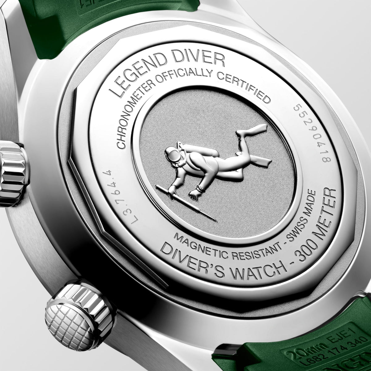 [SIMCHA-STANDALONE:L3.764.4.06.9:03] Longines Legend Diver 39.00 mm Automatic Green lacquered polished Dial Green Rubber strap Watch – L3.764.4.06.9 – LONGINES LEGEND DIVER L3.764.4.06.9 Automatic, Stainless steel, Green lacquered polished, Strap Watch - Back close up