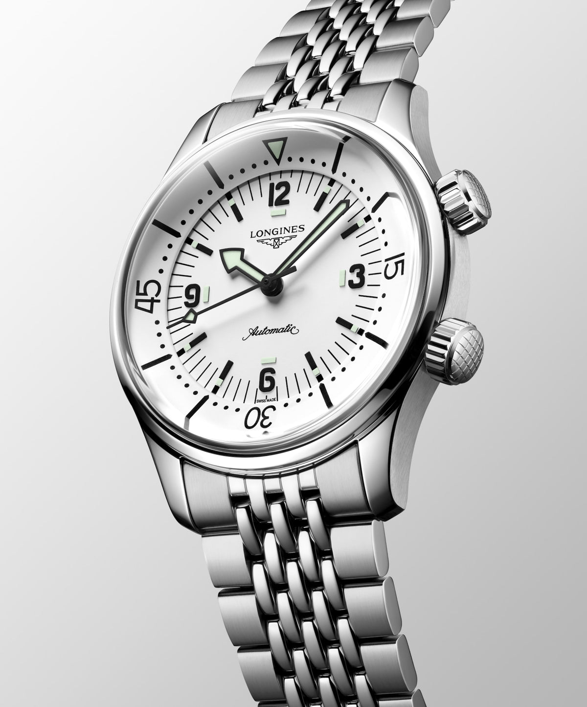[SIMCHA-STANDALONE:L3.764.4.16.6:04] Longines Legend Diver 39.00 mm Automatic White matt Dial Stainless steel Bracelet Watch – L3.764.4.16.6 – LONGINES LEGEND DIVER L3.764.4.16.6 Automatic, Stainless steel, White matt, Bracelet Watch - Watch face