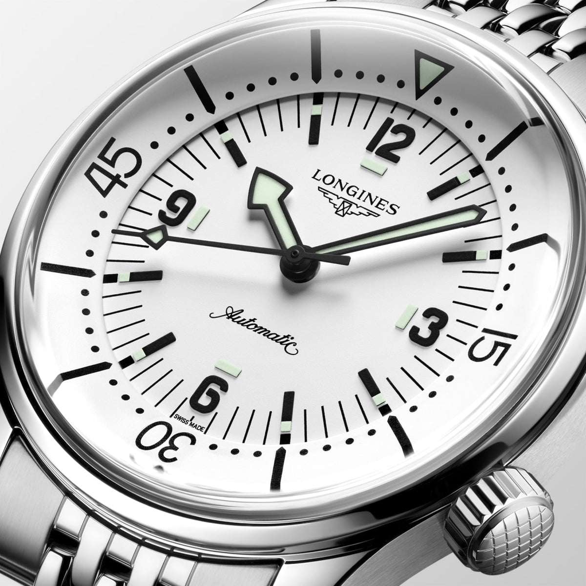 [SIMCHA-STANDALONE:L3.764.4.16.6:02] Longines Legend Diver 39.00 mm Automatic White matt Dial Stainless steel Bracelet Watch – L3.764.4.16.6 – LONGINES LEGEND DIVER L3.764.4.16.6 Automatic, Stainless steel, White matt, Bracelet Watch - Face close up
