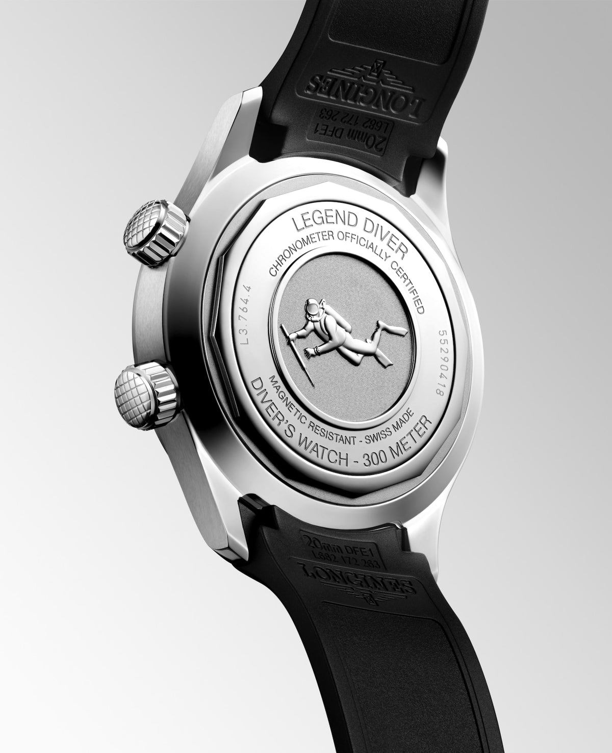 [SIMCHA-STANDALONE:L3.764.4.50.9:05] Longines Legend Diver 39.00 mm Automatic Black lacquered polished Dial Black Rubber strap Watch – L3.764.4.50.9 – LONGINES LEGEND DIVER L3.764.4.50.9 Automatic, Stainless steel, Black lacquered polished, Strap Watch - Watch back