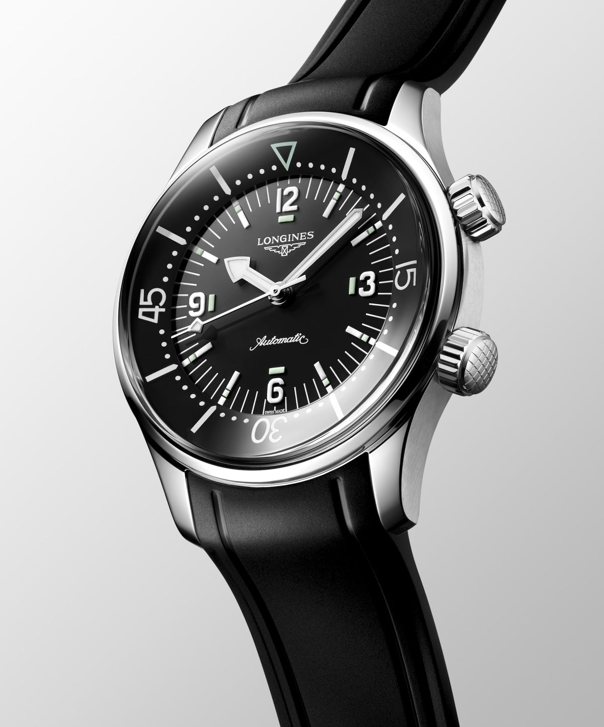 [SIMCHA-STANDALONE:L3.764.4.50.9:04] Longines Legend Diver 39.00 mm Automatic Black lacquered polished Dial Black Rubber strap Watch – L3.764.4.50.9 – LONGINES LEGEND DIVER L3.764.4.50.9 Automatic, Stainless steel, Black lacquered polished, Strap Watch - Watch face