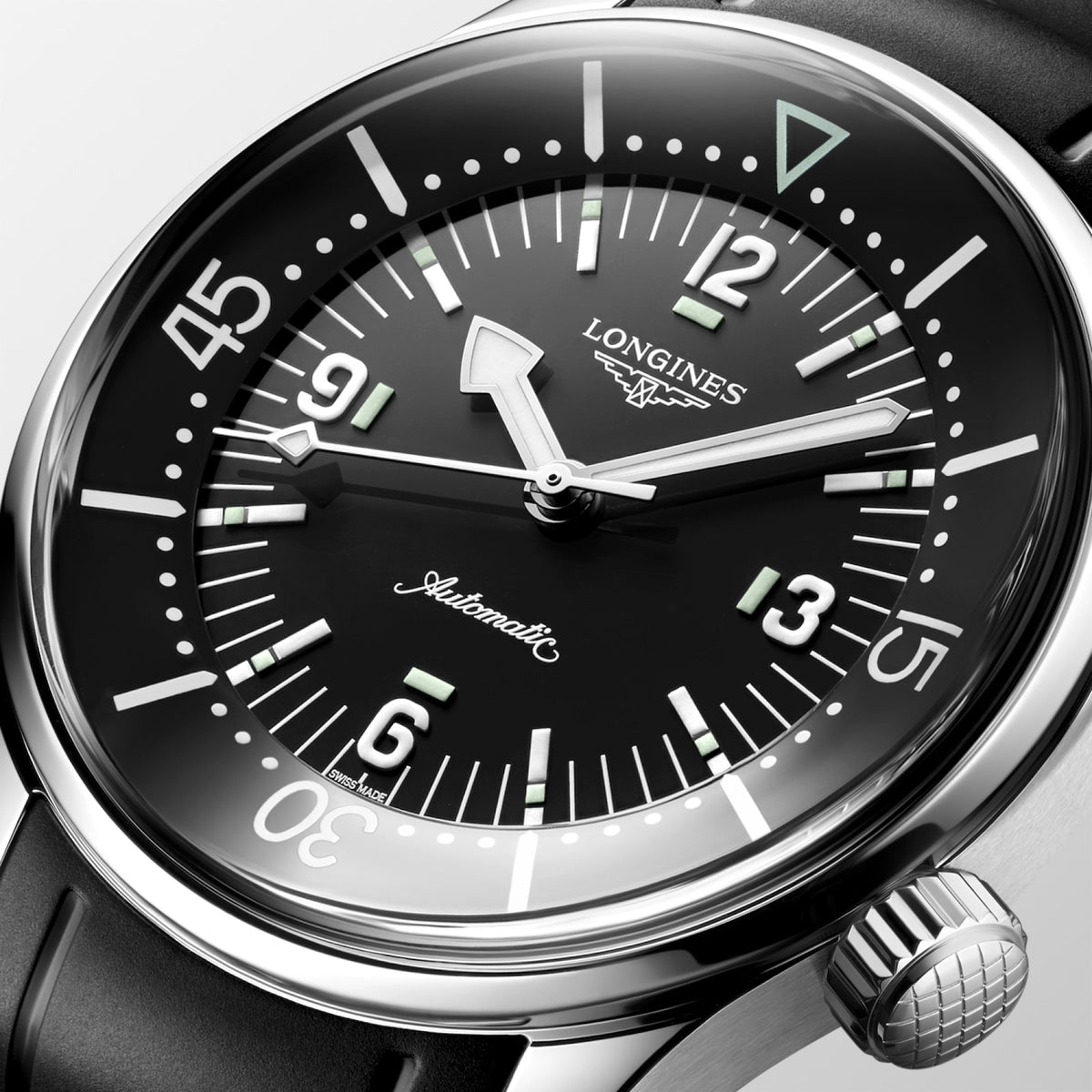 [SIMCHA-STANDALONE:L3.764.4.50.9:02] Longines Legend Diver 39.00 mm Automatic Black lacquered polished Dial Black Rubber strap Watch – L3.764.4.50.9 – LONGINES LEGEND DIVER L3.764.4.50.9 Automatic, Stainless steel, Black lacquered polished, Strap Watch - Face close up