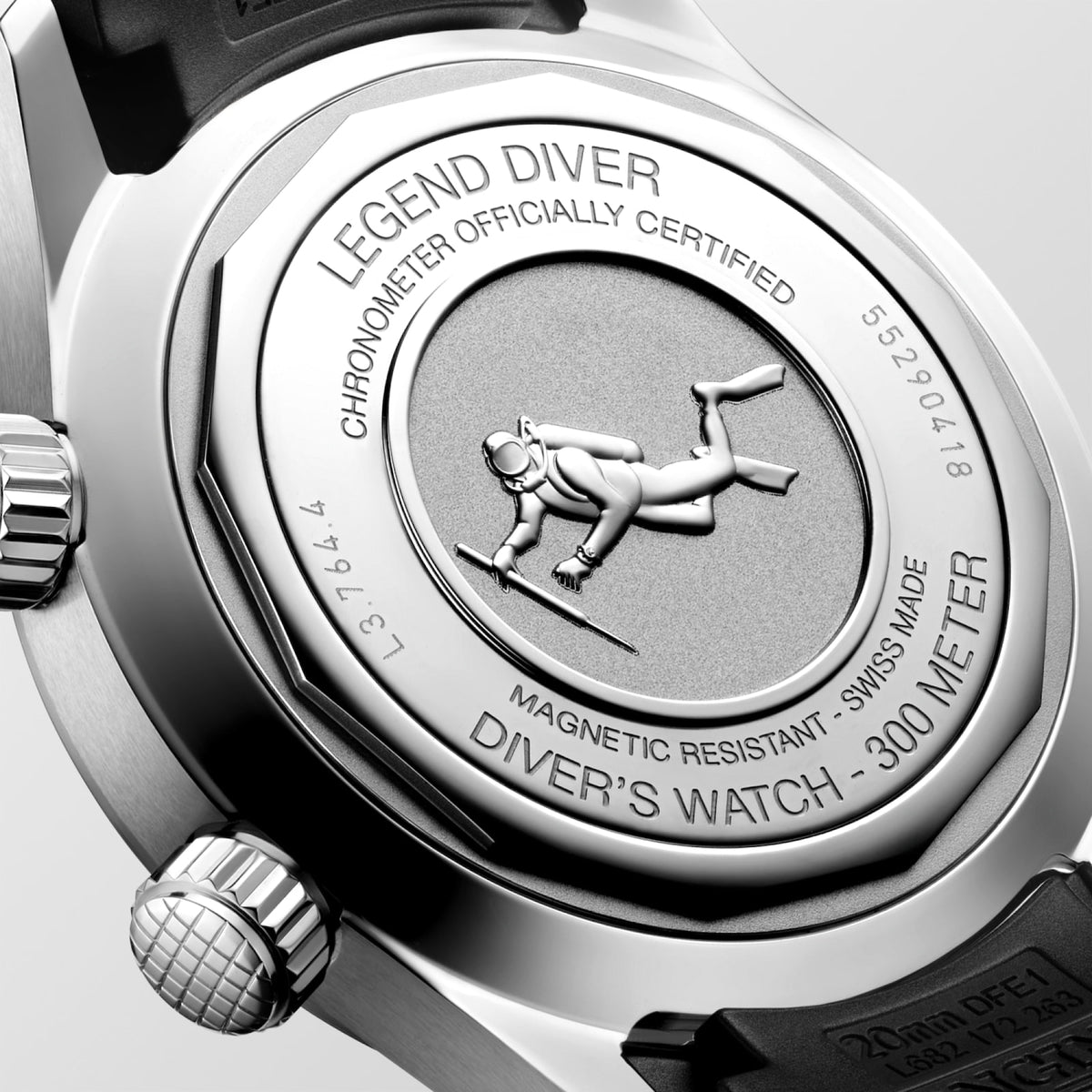 [SIMCHA-STANDALONE:L3.764.4.50.9:03] Longines Legend Diver 39.00 mm Automatic Black lacquered polished Dial Black Rubber strap Watch – L3.764.4.50.9 – LONGINES LEGEND DIVER L3.764.4.50.9 Automatic, Stainless steel, Black lacquered polished, Strap Watch - Back close up