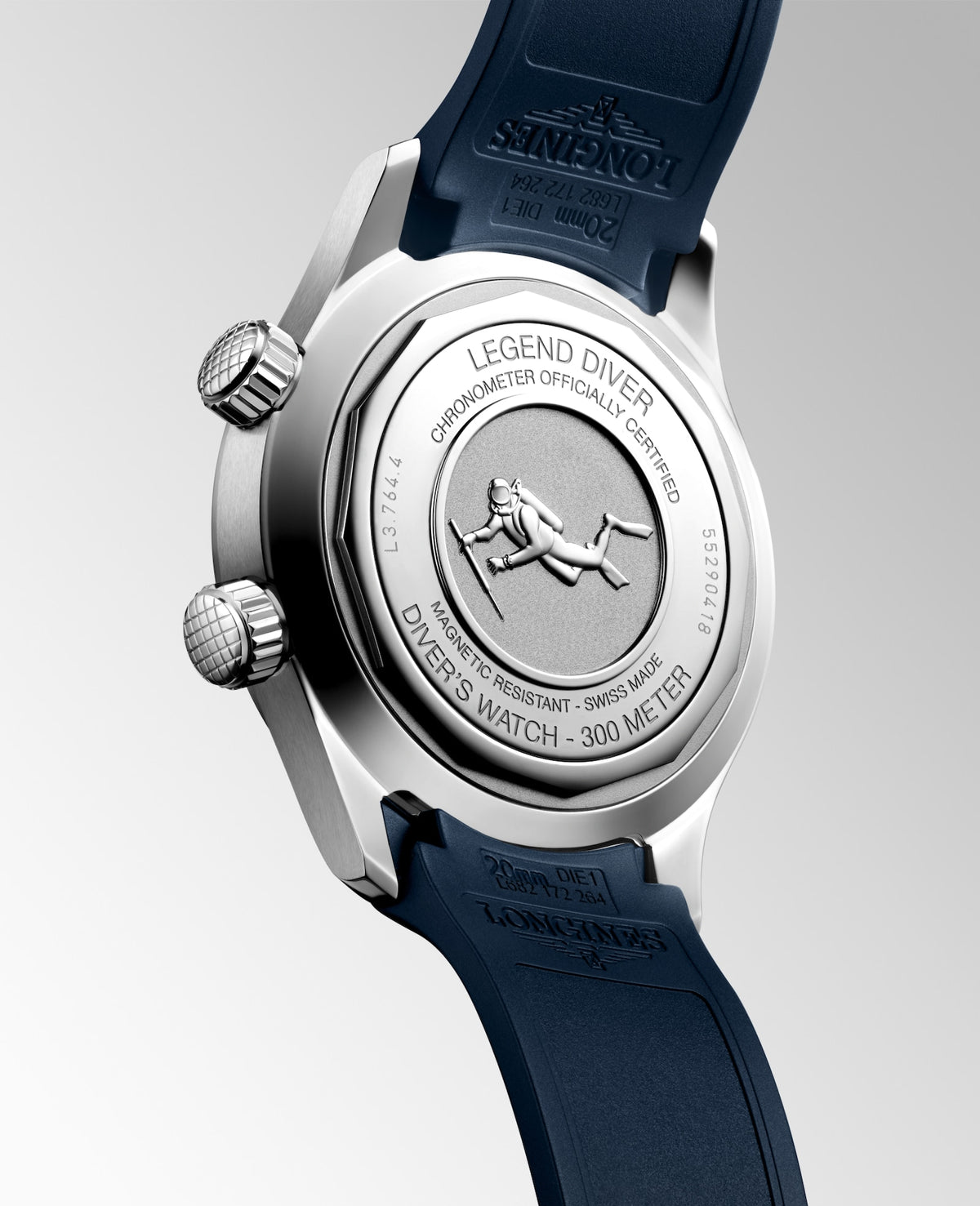 [SIMCHA-STANDALONE:L3.764.4.90.9:05] Longines Legend Diver 39.00 mm Automatic Blue lacquered polished Dial Blue Rubber strap Watch – L3.764.4.90.9 – LONGINES LEGEND DIVER L3.764.4.90.9 Automatic, Stainless steel, Blue lacquered polished, Strap Watch - Watch back
