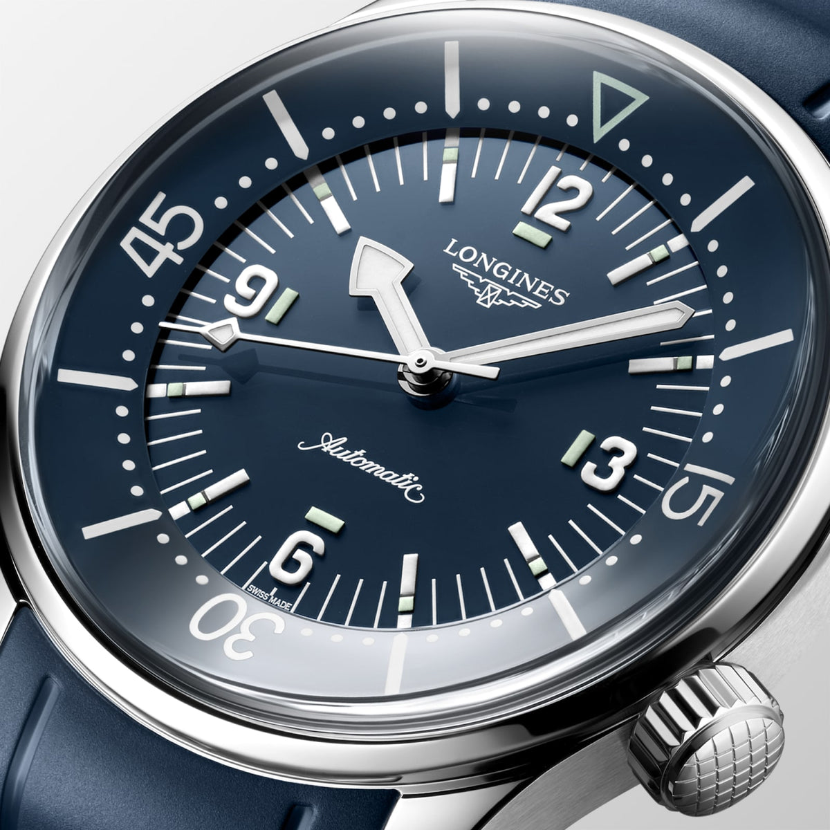 [SIMCHA-STANDALONE:L3.764.4.90.9:02] Longines Legend Diver 39.00 mm Automatic Blue lacquered polished Dial Blue Rubber strap Watch – L3.764.4.90.9 – LONGINES LEGEND DIVER L3.764.4.90.9 Automatic, Stainless steel, Blue lacquered polished, Strap Watch - Face close up