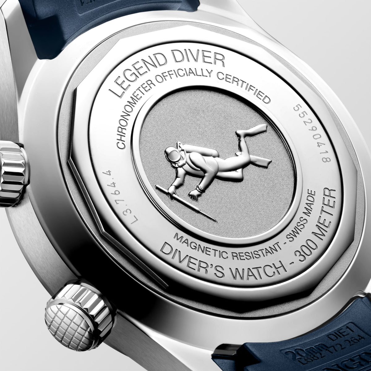 [SIMCHA-STANDALONE:L3.764.4.90.9:03] Longines Legend Diver 39.00 mm Automatic Blue lacquered polished Dial Blue Rubber strap Watch – L3.764.4.90.9 – LONGINES LEGEND DIVER L3.764.4.90.9 Automatic, Stainless steel, Blue lacquered polished, Strap Watch - Back close up