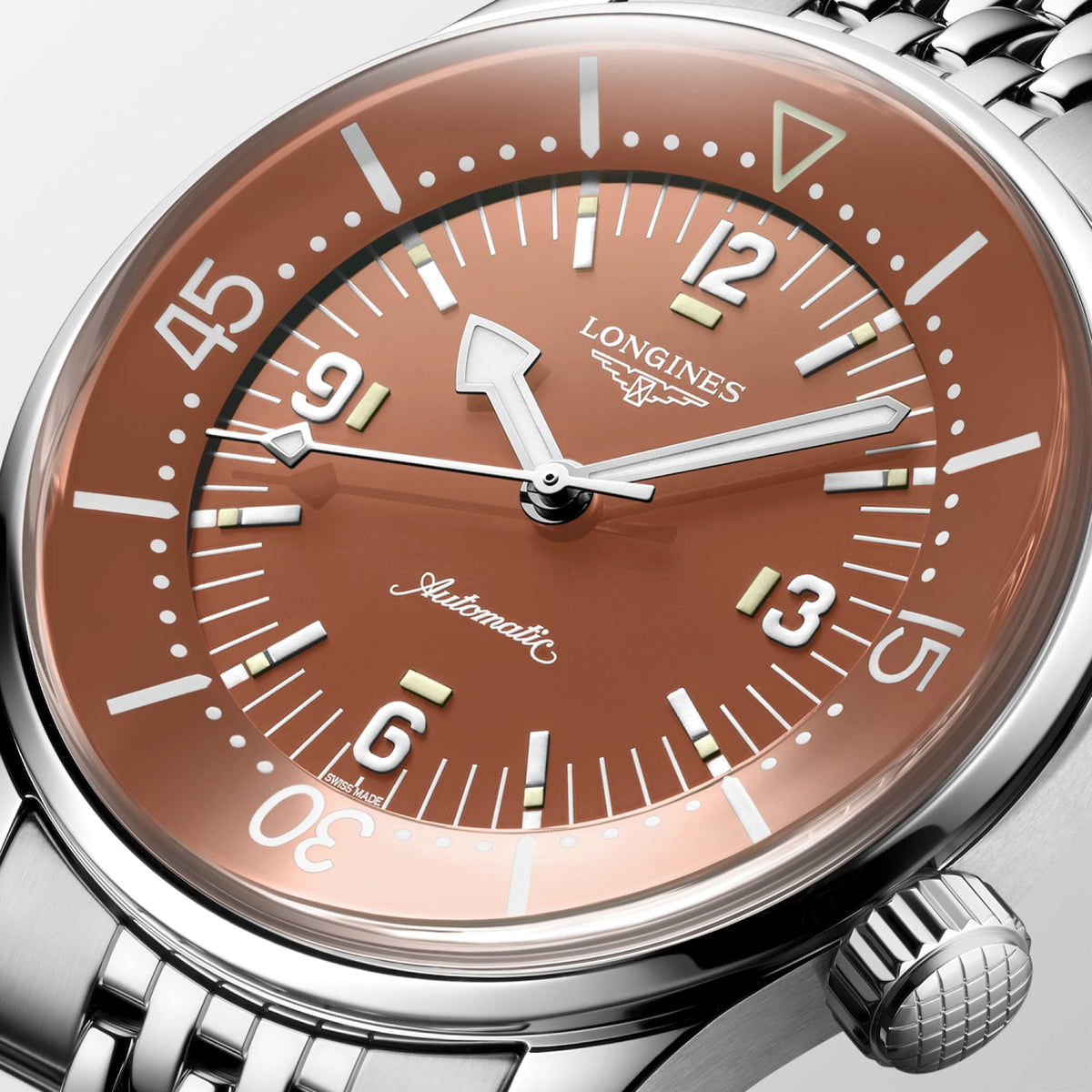 [SIMCHA-TOP500:LONGINES:L3.764.4.96.6:02] LONGINES LEGEND DIVER L3.764.4.96.6 Automatic, Stainless steel, Terracotta, Bracelet Watch - Face close up