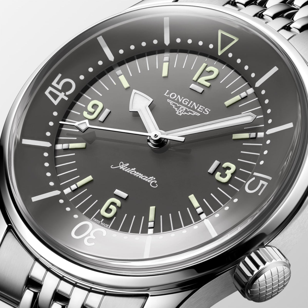 [SIMCHA-TOP500:LONGINES:L3.764.4.99.6:02] LONGINES LEGEND DIVER L3.764.4.99.6 Automatic, Stainless steel, Grey, Bracelet Watch - Face close up