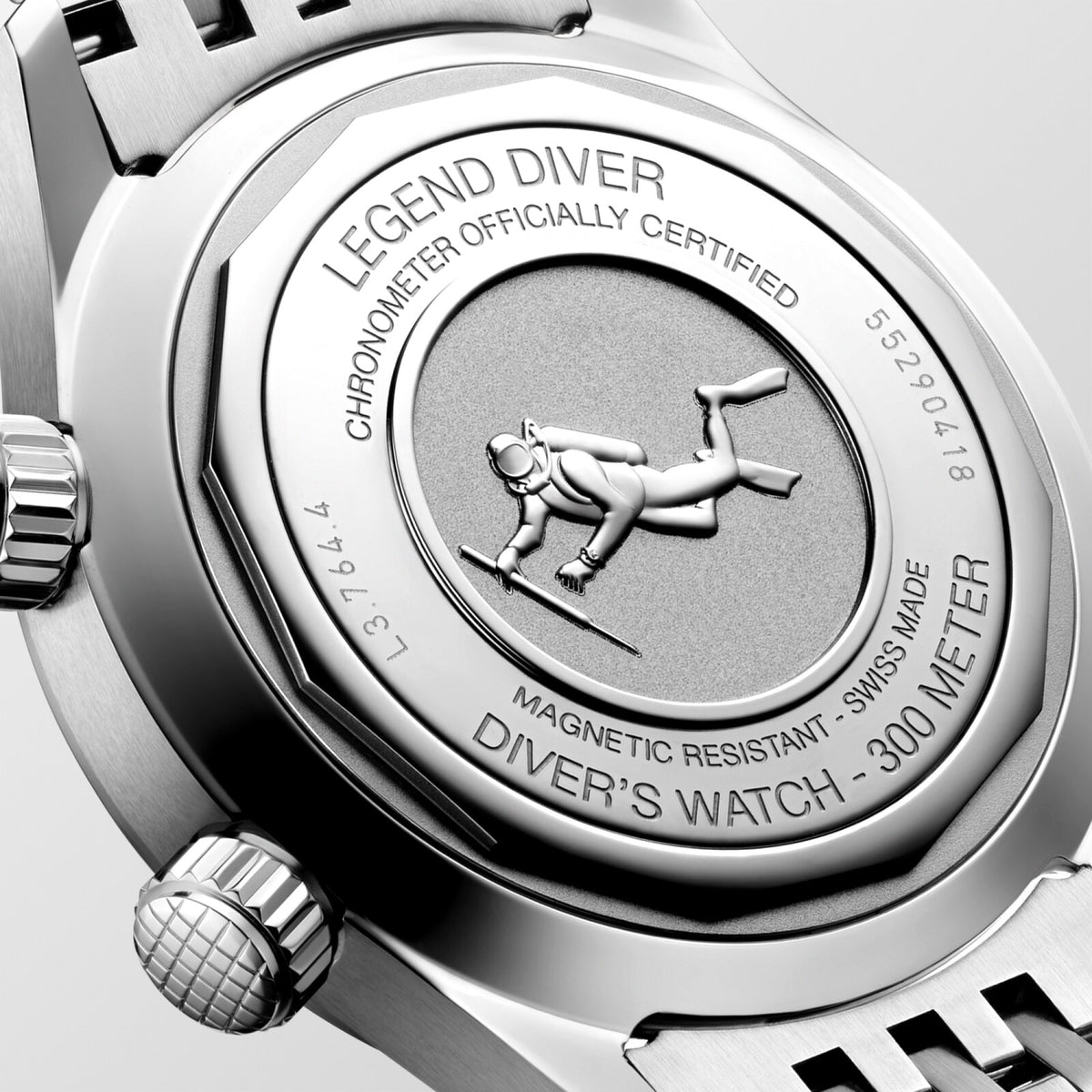 [SIMCHA-TOP500:LONGINES:L3.764.4.99.6:04] LONGINES LEGEND DIVER L3.764.4.99.6 Automatic, Stainless steel, Grey, Bracelet Watch - Back close up