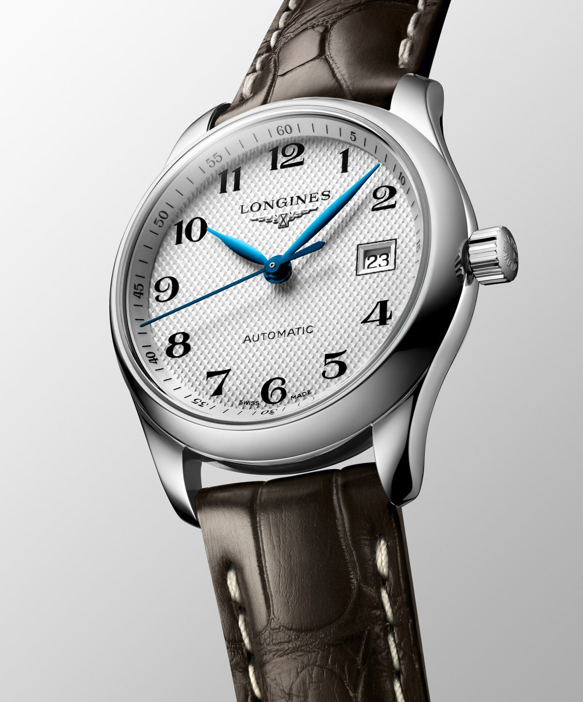 [SIMCHA-OFFICIAL-GALLERY:L2.257.4.78.3:03] Longines Master Collection 29.00mm Automatic Silver "barleycorn" Dial Brown Alligator Strap Watch — official gallery view 3
