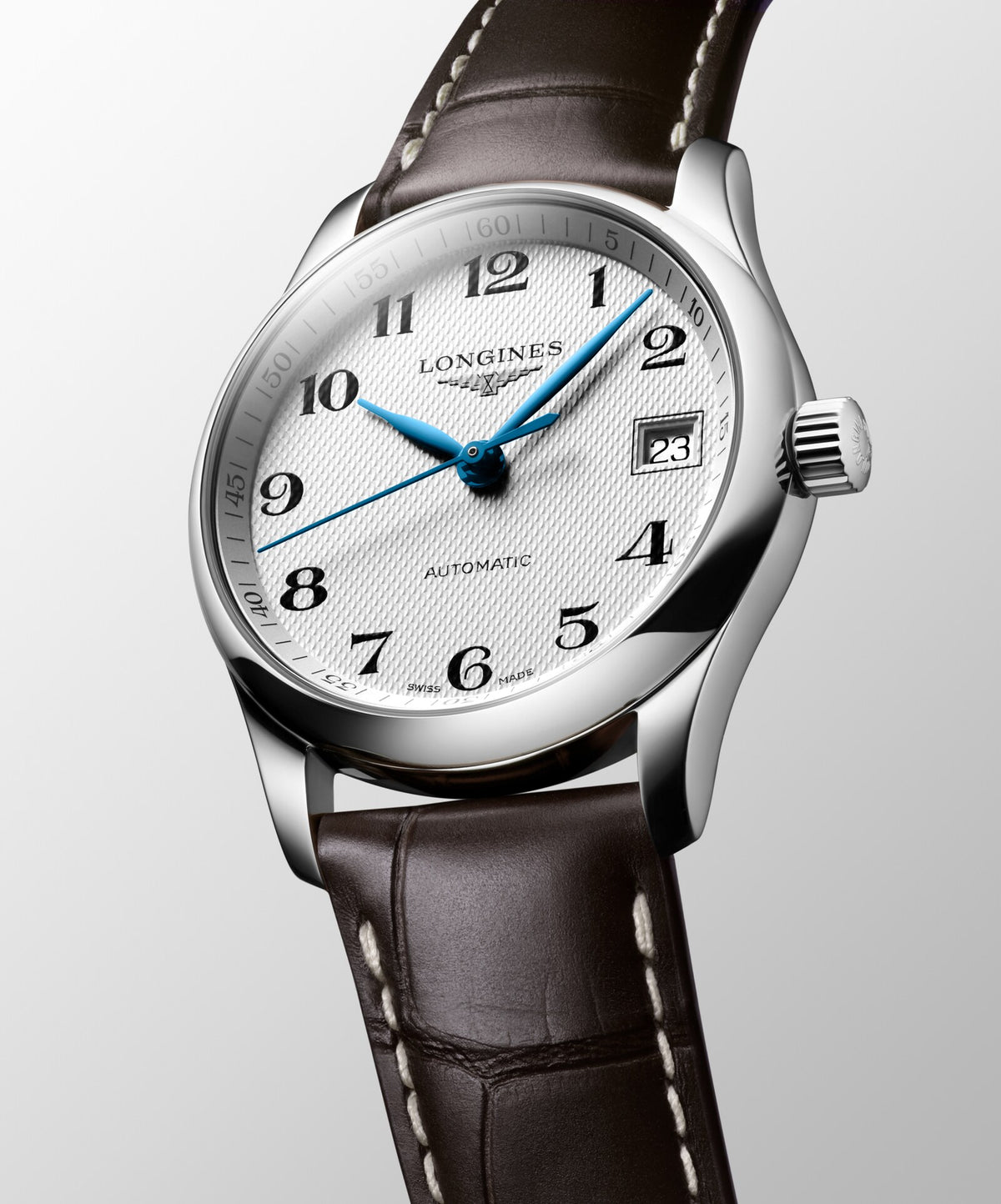 [SIMCHA-OFFICIAL-GALLERY:L2.357.4.78.3:04] Longines Master Collection 34.00mm Automatic Silver "barleycorn" Dial Brown Alligator Strap Watch — official gallery view 4