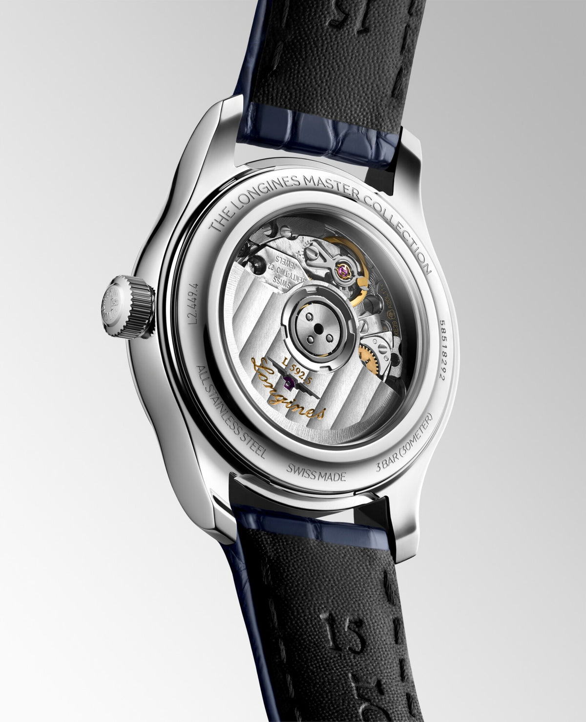 [SIMCHA-OFFICIAL-GALLERY:L2.449.4.87.2:05] Longines Master Collection 30.00mm Automatic White mother-of-pearl Dial Blue Alligator Strap Watch — official gallery view 5