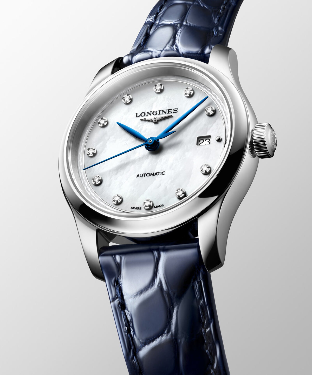 [SIMCHA-OFFICIAL-GALLERY:L2.449.4.87.2:04] Longines Master Collection 30.00mm Automatic White mother-of-pearl Dial Blue Alligator Strap Watch — official gallery view 4