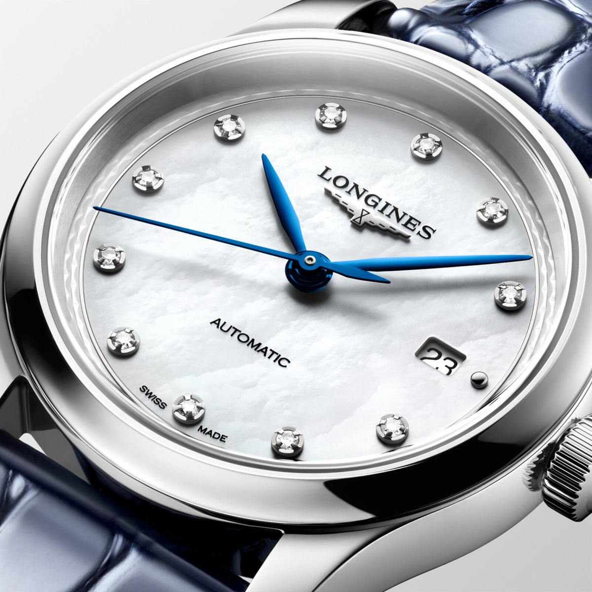 [SIMCHA-OFFICIAL-GALLERY:L2.449.4.87.2:02] Longines Master Collection 30.00mm Automatic White mother-of-pearl Dial Blue Alligator Strap Watch — official gallery view 2