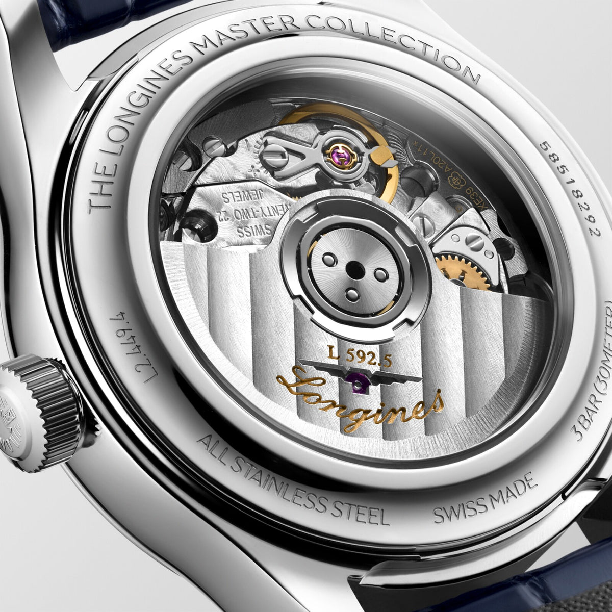 [SIMCHA-OFFICIAL-GALLERY:L2.449.4.87.2:03] Longines Master Collection 30.00mm Automatic White mother-of-pearl Dial Blue Alligator Strap Watch — official gallery view 3