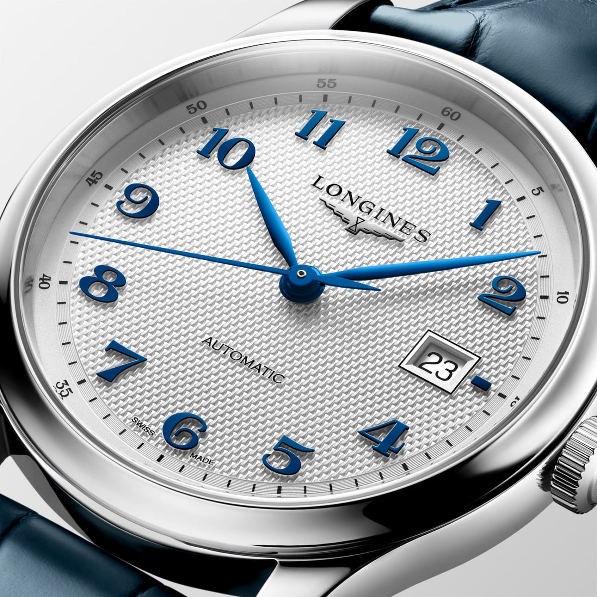 [SIMCHA-STANDALONE:L2.950.4.73.2:02] Longines Master Collection 41.00 mm Automatic Silver "barleycorn" Dial Blue Alligator strap Watch – L2.950.4.73.2 – LONGINES MASTER COLLECTION L2.950.4.73.2 Automatic, Stainless steel, Silver "barleycorn", Strap Watch - Face close up