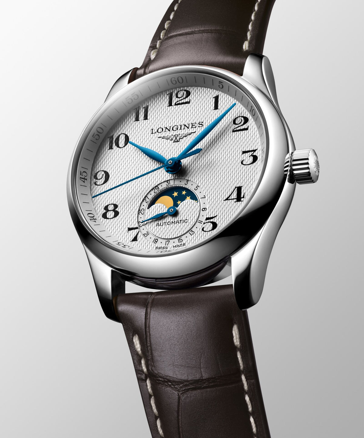 [SIMCHA-OFFICIAL-GALLERY:L2.409.4.78.3:06] Longines Master Collection Moonphase 34.00mm Automatic Silver "barleycorn" Dial Brown Alligator Strap Watch — official gallery view 6