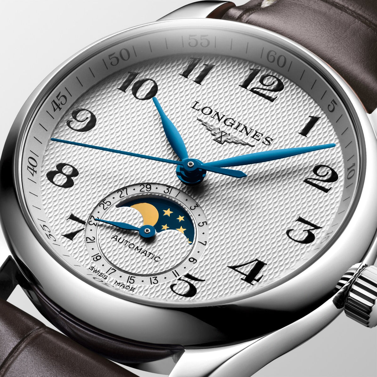 [SIMCHA-OFFICIAL-GALLERY:L2.409.4.78.3:02] Longines Master Collection Moonphase 34.00mm Automatic Silver "barleycorn" Dial Brown Alligator Strap Watch — official gallery view 2