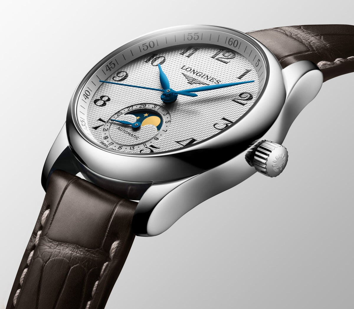 [SIMCHA-OFFICIAL-GALLERY:L2.409.4.78.3:09] Longines Master Collection Moonphase 34.00mm Automatic Silver "barleycorn" Dial Brown Alligator Strap Watch — official gallery view 9