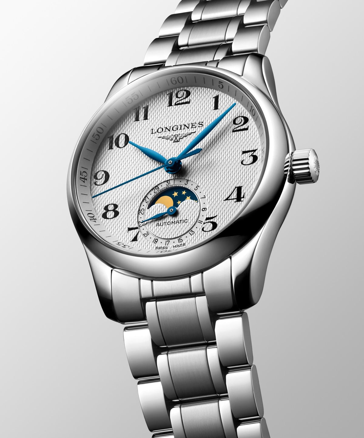 [SIMCHA-OFFICIAL-GALLERY:L2.409.4.78.6:06] Longines Master Collection Moonphase 34.00mm Automatic Silver "barleycorn" Dial Stainless Steel Bracelet Watch — official gallery view 6