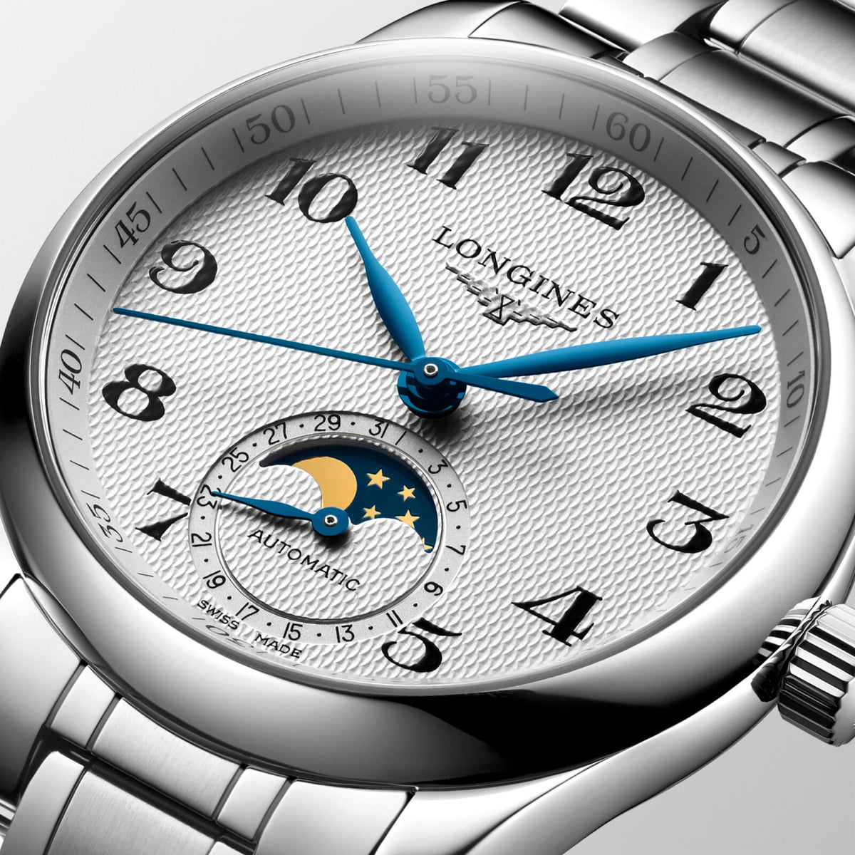 [SIMCHA-OFFICIAL-GALLERY:L2.409.4.78.6:02] Longines Master Collection Moonphase 34.00mm Automatic Silver "barleycorn" Dial Stainless Steel Bracelet Watch — official gallery view 2