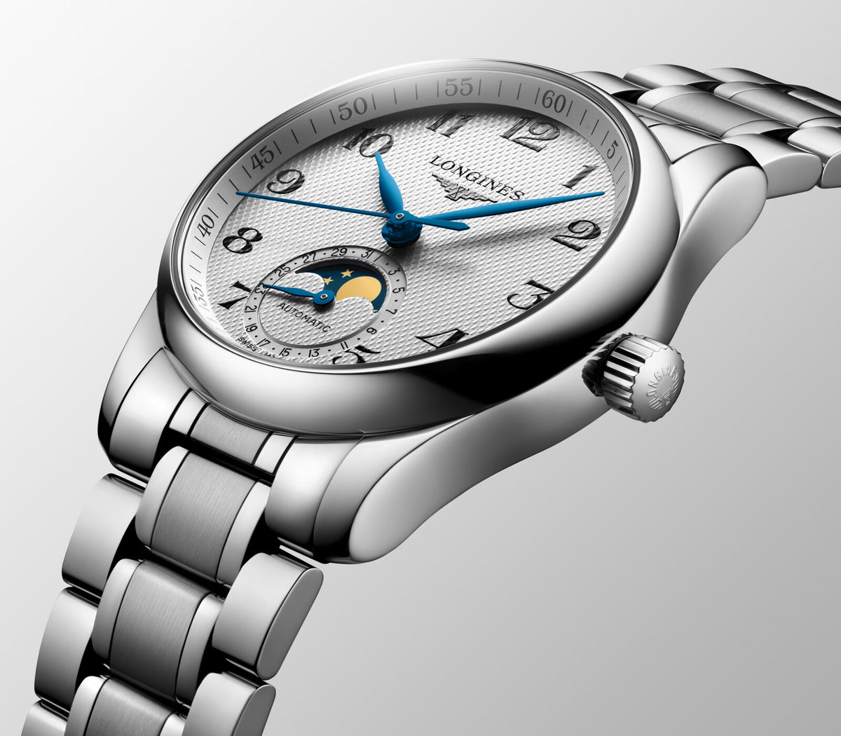 [SIMCHA-OFFICIAL-GALLERY:L2.409.4.78.6:09] Longines Master Collection Moonphase 34.00mm Automatic Silver "barleycorn" Dial Stainless Steel Bracelet Watch — official gallery view 9