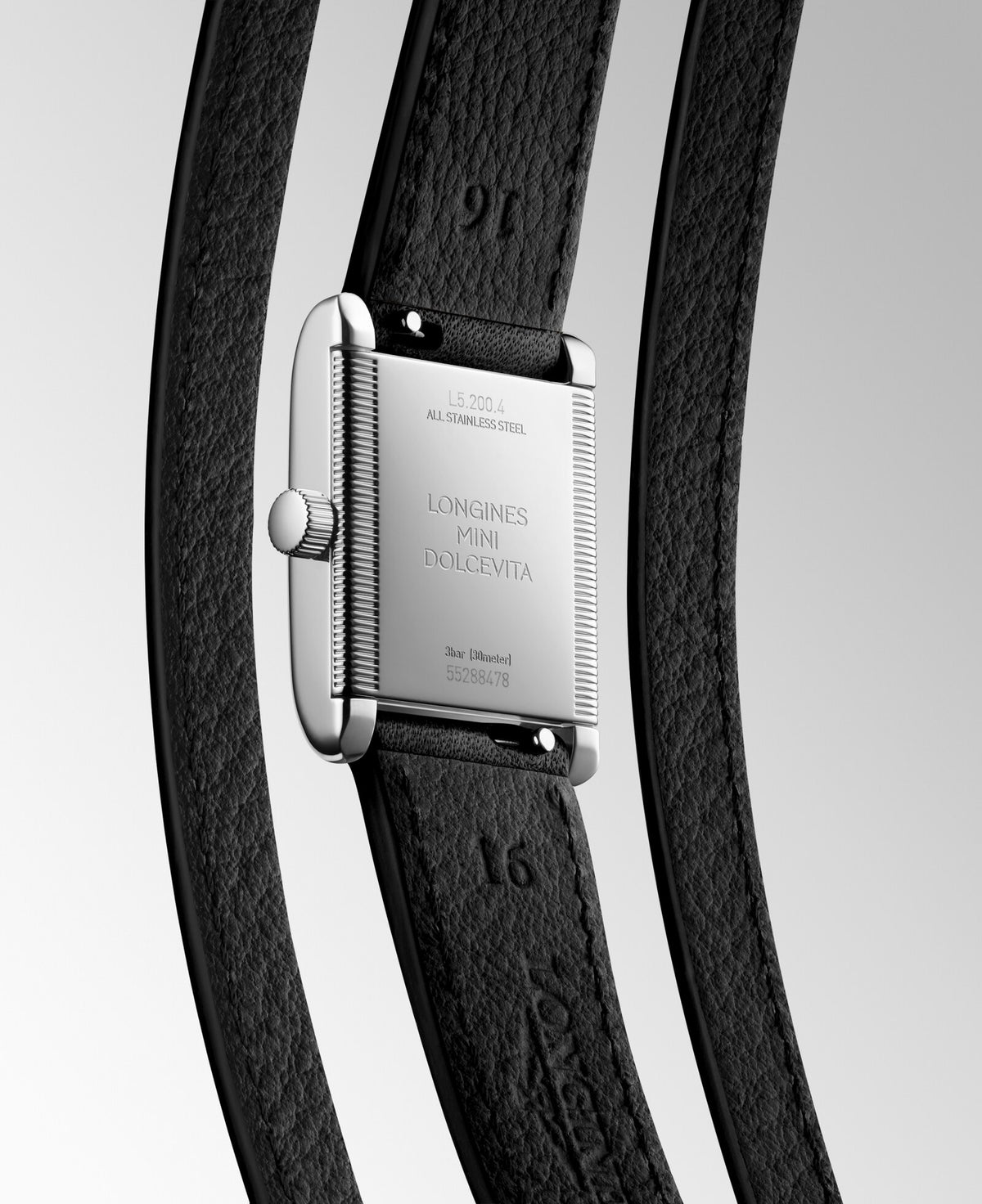 [SIMCHA-OFFICIAL-GALLERY:L5.200.4.71.0:05] Longines Mini DolceVita 21.50 x 29.00mm Quartz Silver "flinqué" Dial Black Leather Strap Watch — official gallery view 5