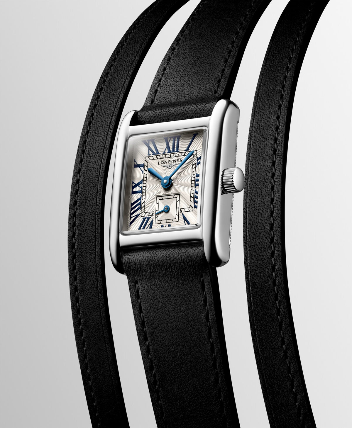 [SIMCHA-OFFICIAL-GALLERY:L5.200.4.71.0:04] Longines Mini DolceVita 21.50 x 29.00mm Quartz Silver "flinqué" Dial Black Leather Strap Watch — official gallery view 4