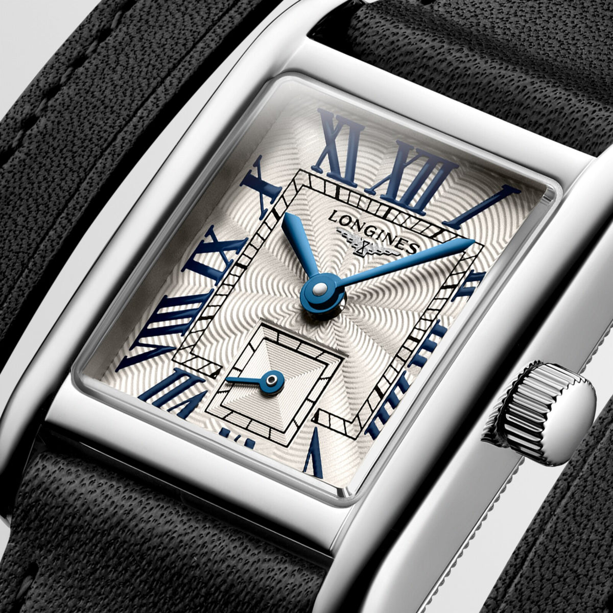 [SIMCHA-OFFICIAL-GALLERY:L5.200.4.71.0:02] Longines Mini DolceVita 21.50 x 29.00mm Quartz Silver "flinqué" Dial Black Leather Strap Watch — official gallery view 2