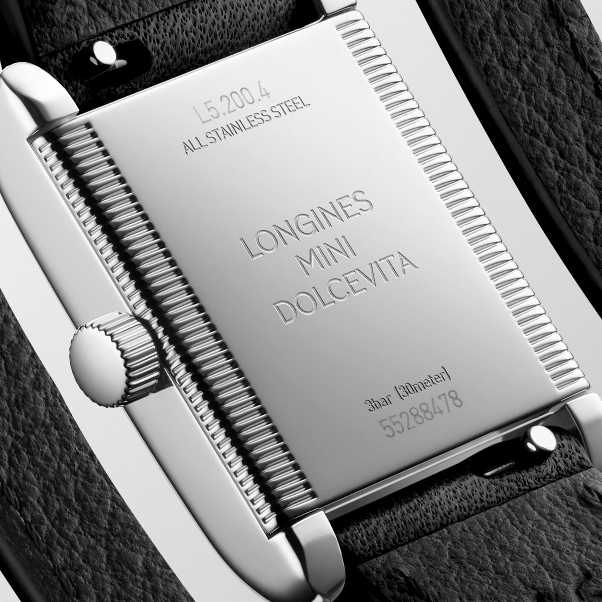 [SIMCHA-OFFICIAL-GALLERY:L5.200.4.71.0:03] Longines Mini DolceVita 21.50 x 29.00mm Quartz Silver "flinqué" Dial Black Leather Strap Watch — official gallery view 3