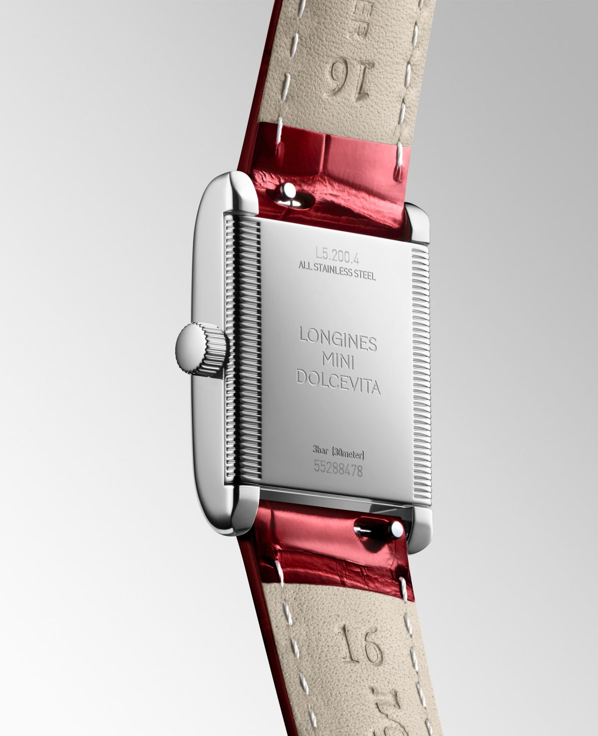 [SIMCHA-OFFICIAL-GALLERY:L5.200.4.71.5:07] Longines Mini DolceVita 21.50 x 29.00mm Quartz Silver "flinqué" Dial Red Alligator Strap Watch — official gallery view 7