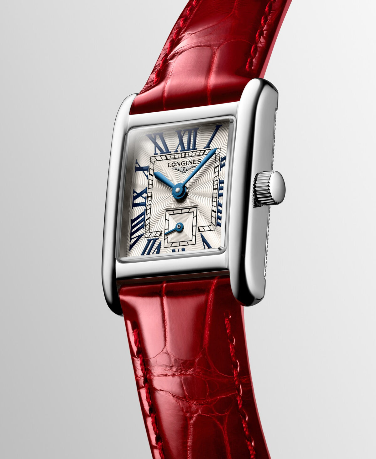 [SIMCHA-OFFICIAL-GALLERY:L5.200.4.71.5:06] Longines Mini DolceVita 21.50 x 29.00mm Quartz Silver "flinqué" Dial Red Alligator Strap Watch — official gallery view 6