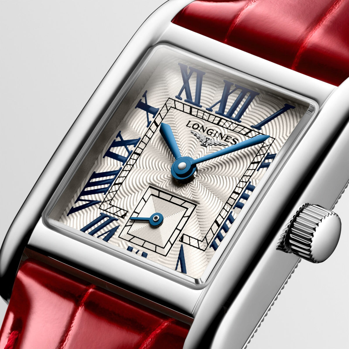 [SIMCHA-OFFICIAL-GALLERY:L5.200.4.71.5:02] Longines Mini DolceVita 21.50 x 29.00mm Quartz Silver "flinqué" Dial Red Alligator Strap Watch — official gallery view 2