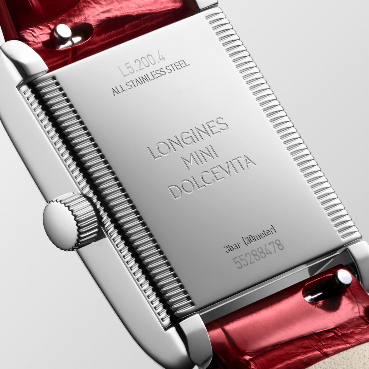 [SIMCHA-OFFICIAL-GALLERY:L5.200.4.71.5:04] Longines Mini DolceVita 21.50 x 29.00mm Quartz Silver "flinqué" Dial Red Alligator Strap Watch — official gallery view 4