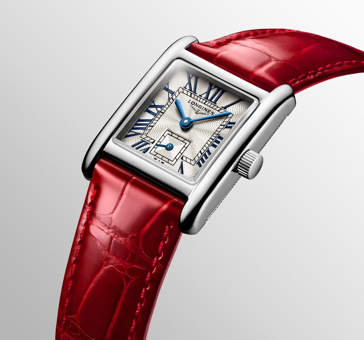 [SIMCHA-OFFICIAL-GALLERY:L5.200.4.71.5:09] Longines Mini DolceVita 21.50 x 29.00mm Quartz Silver "flinqué" Dial Red Alligator Strap Watch — official gallery view 9
