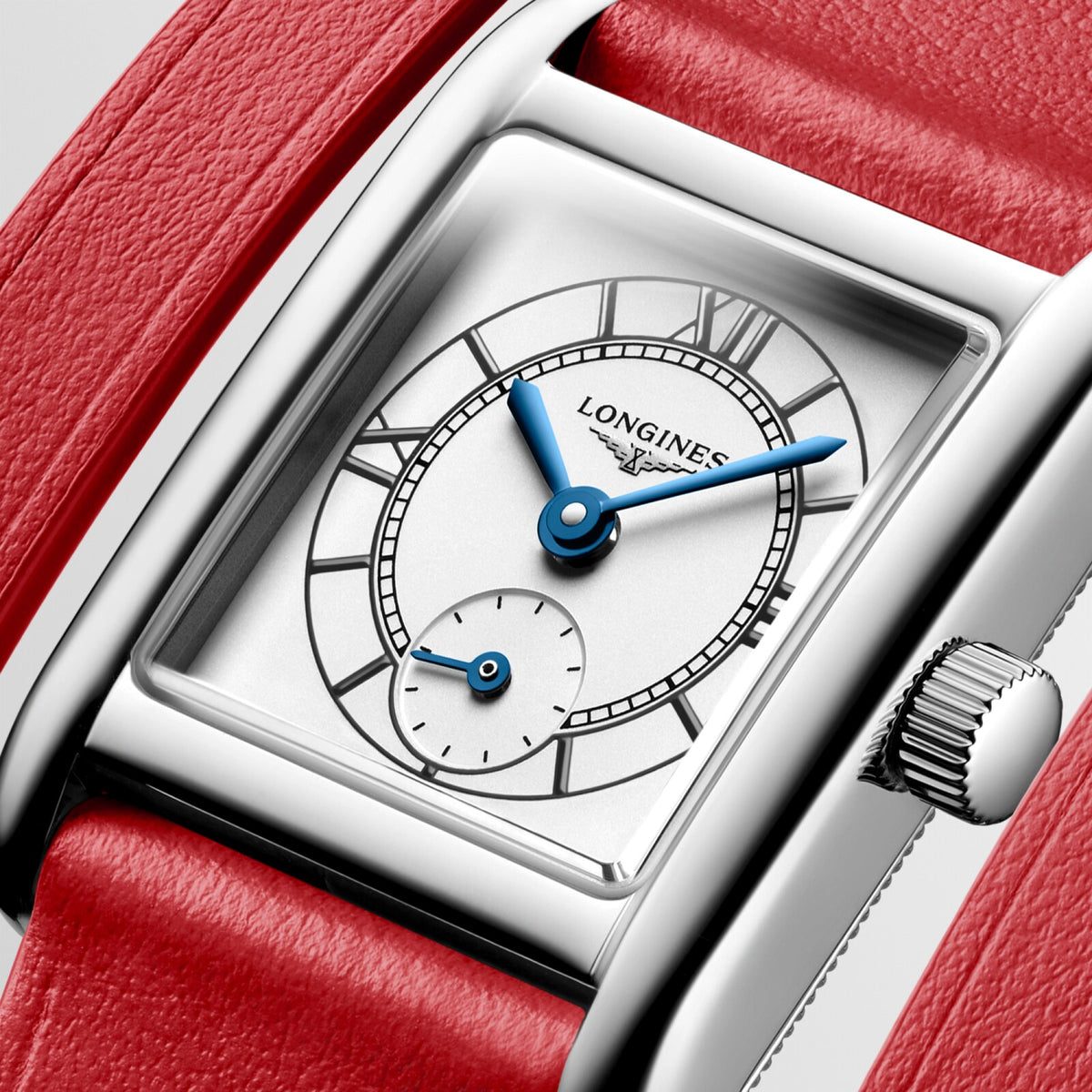 [SIMCHA-OFFICIAL-GALLERY:L5.200.4.75.0:02] Longines Mini DolceVita 21.50 x 29.00mm Quartz Opaline Ivory Dial Red Leather Strap Watch — official gallery view 2
