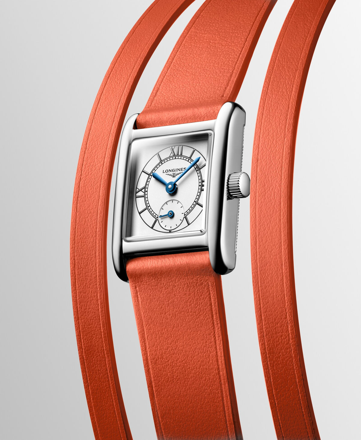 [SIMCHA-OFFICIAL-GALLERY:L5.200.4.75.8:04] Longines Mini DolceVita 21.50 x 29.00mm Quartz Opaline Ivory Dial Orange Leather Strap Watch — official gallery view 4