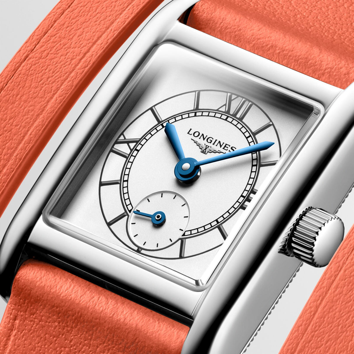[SIMCHA-OFFICIAL-GALLERY:L5.200.4.75.8:02] Longines Mini DolceVita 21.50 x 29.00mm Quartz Opaline Ivory Dial Orange Leather Strap Watch — official gallery view 2