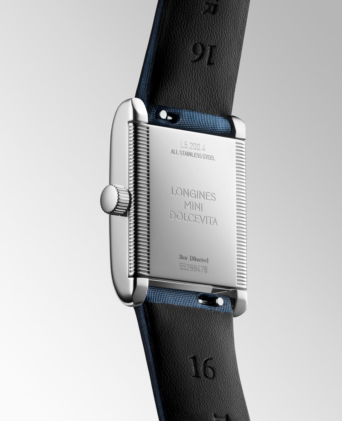 Longines Mini DolceVita 21.50 x 29.00mm Quartz Snow-set & White mother-of-pearl Dial Blue Leather Strap Watch