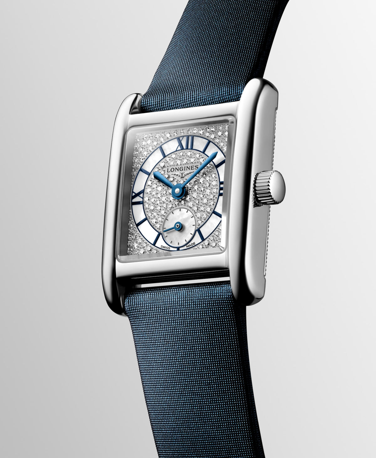 Longines Mini DolceVita 21.50 x 29.00mm Quartz Snow-set & White mother-of-pearl Dial Blue Leather Strap Watch