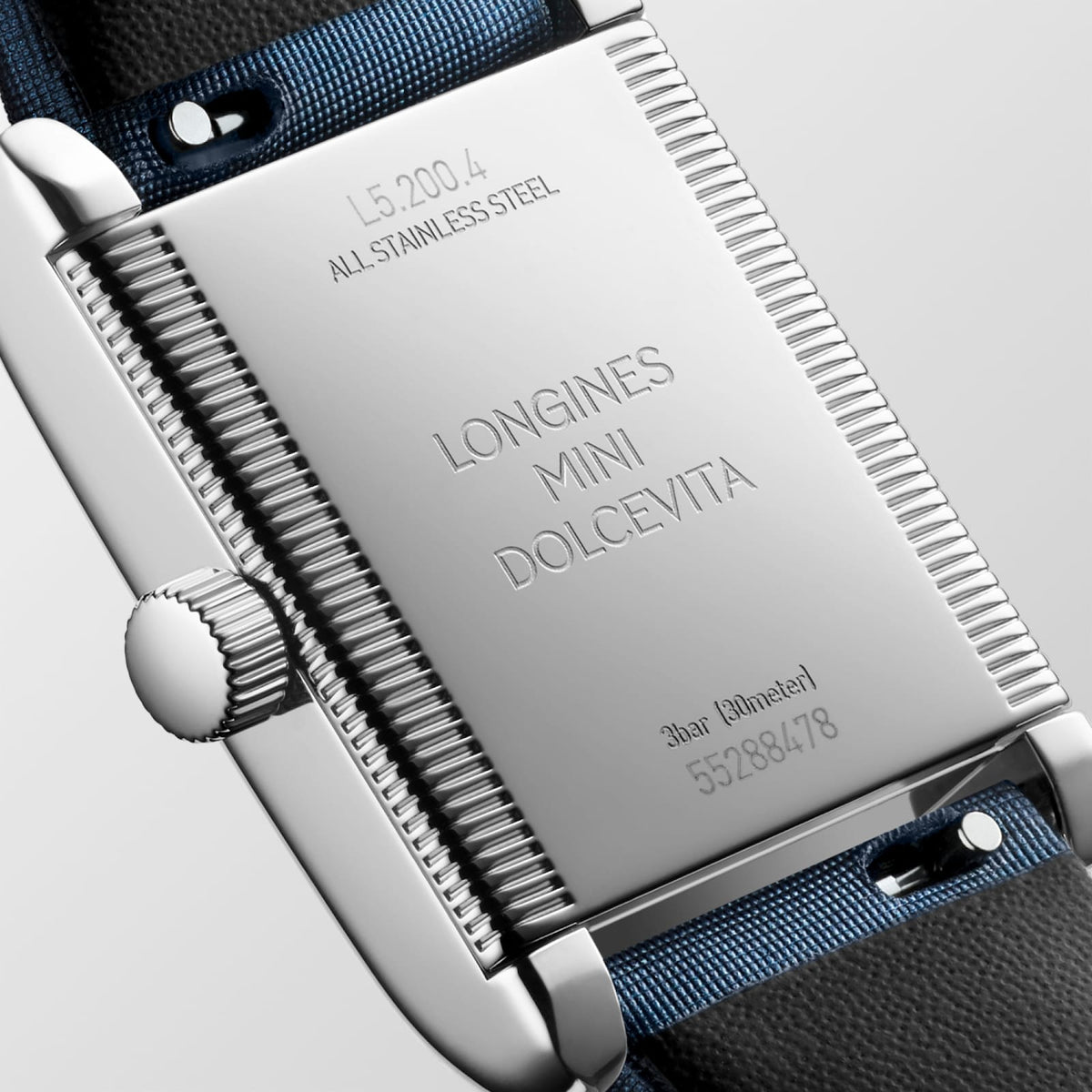 Longines Mini DolceVita 21.50 x 29.00mm Quartz Snow-set & White mother-of-pearl Dial Blue Leather Strap Watch