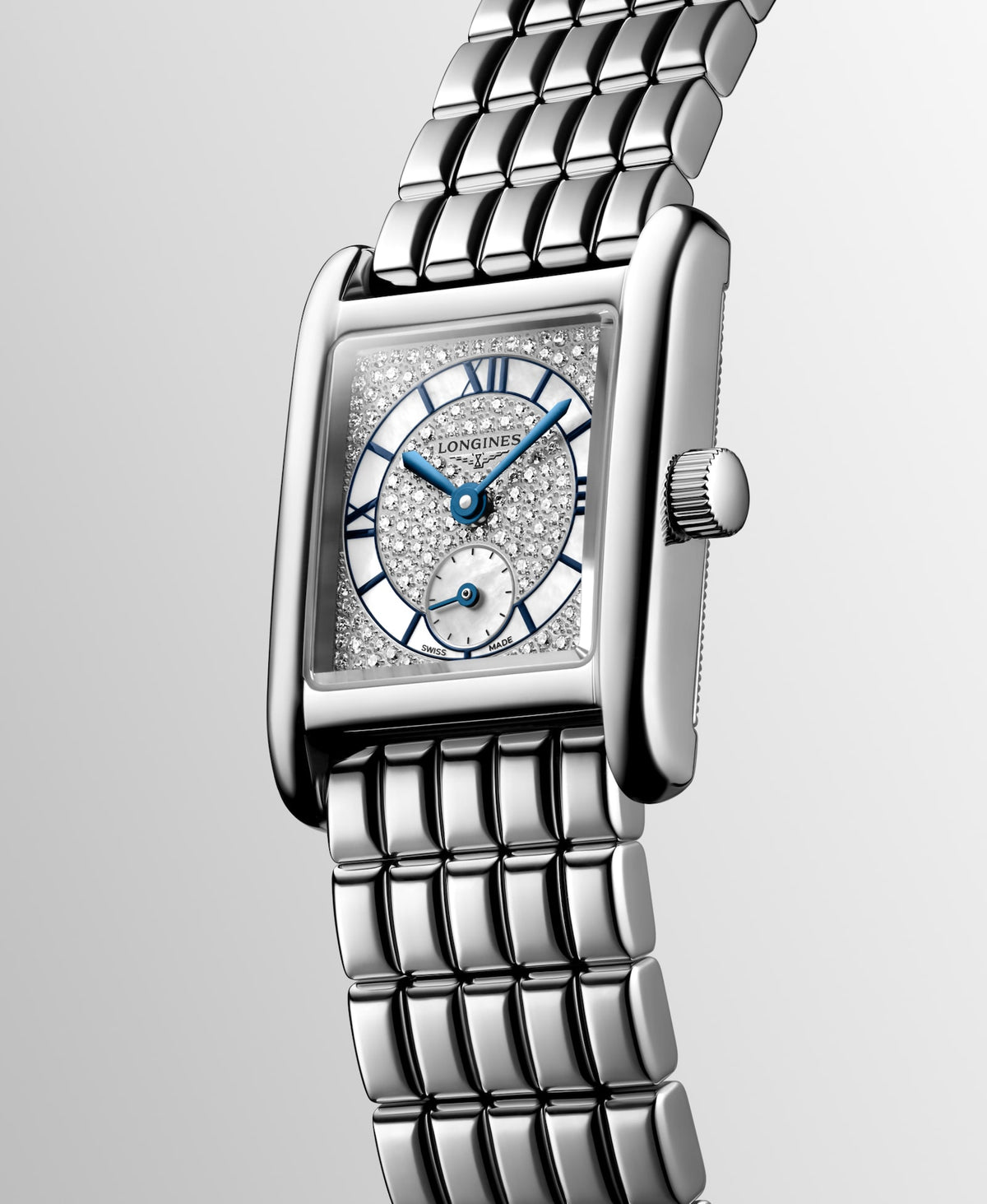 Longines Mini DolceVita 21.50 x 29.00mm Quartz Snow-set & White mother-of-pearl Dial Stainless Steel Bracelet Watch
