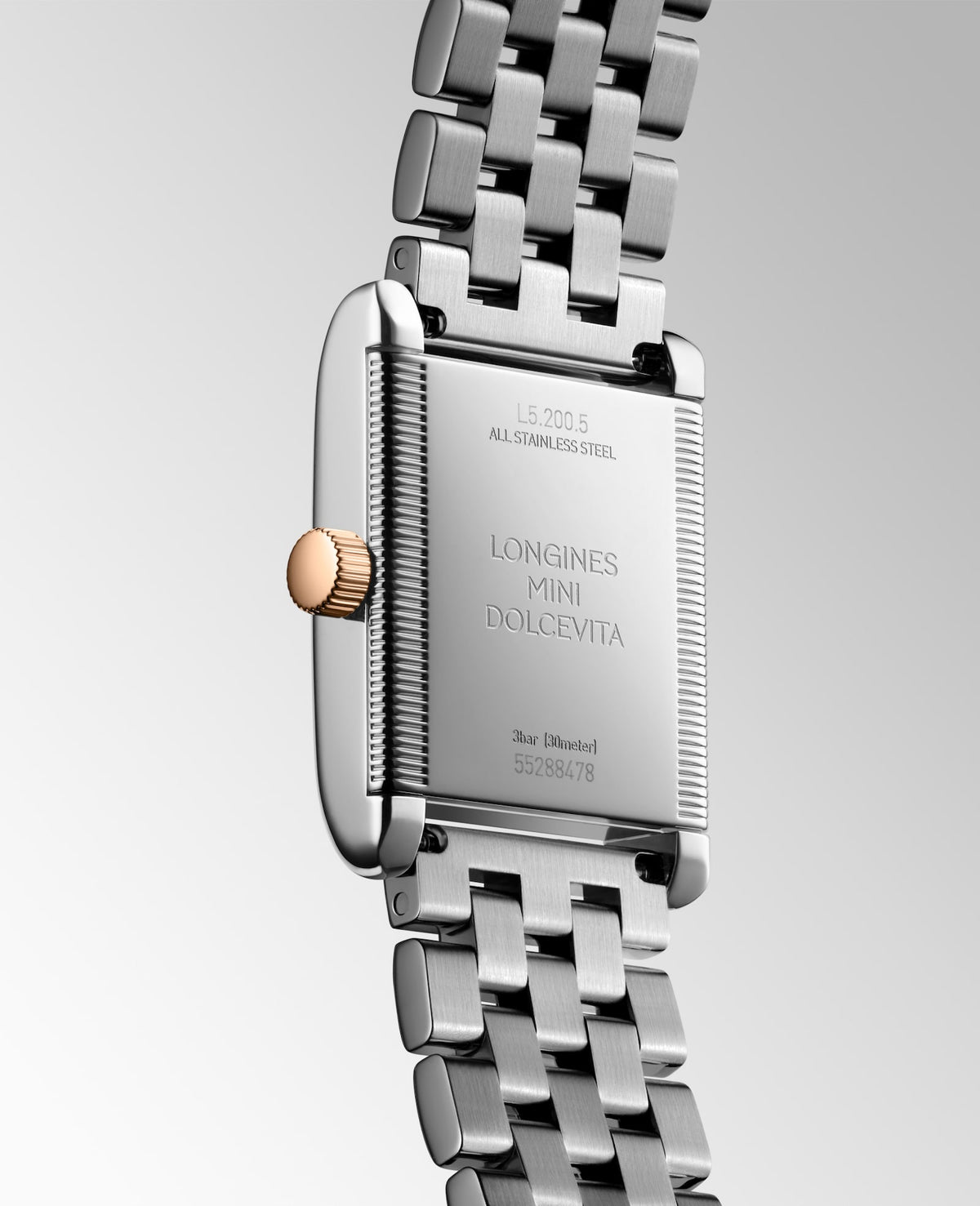 [SIMCHA-TOP500:LONGINES:L5.200.5.71.7:05] LONGINES MINI DOLCEVITA L5.200.5.71.7 Quartz, Stainless steel with rose gold 18 carats crown, Silver "flinqué", Bracelet Watch - Watch back