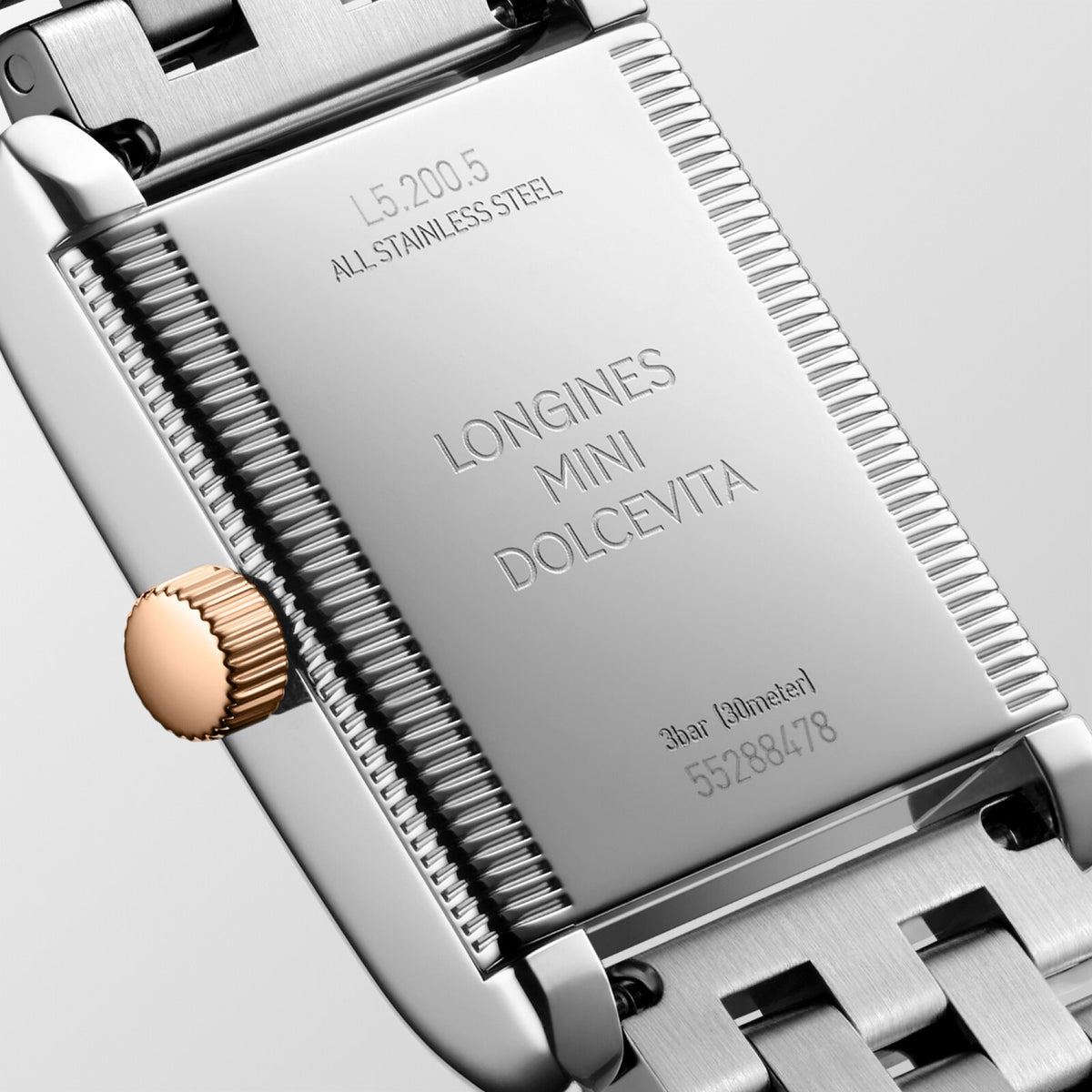 [SIMCHA-TOP500:LONGINES:L5.200.5.71.7:03] LONGINES MINI DOLCEVITA L5.200.5.71.7 Quartz, Stainless steel with rose gold 18 carats crown, Silver "flinqué", Bracelet Watch - Back close up