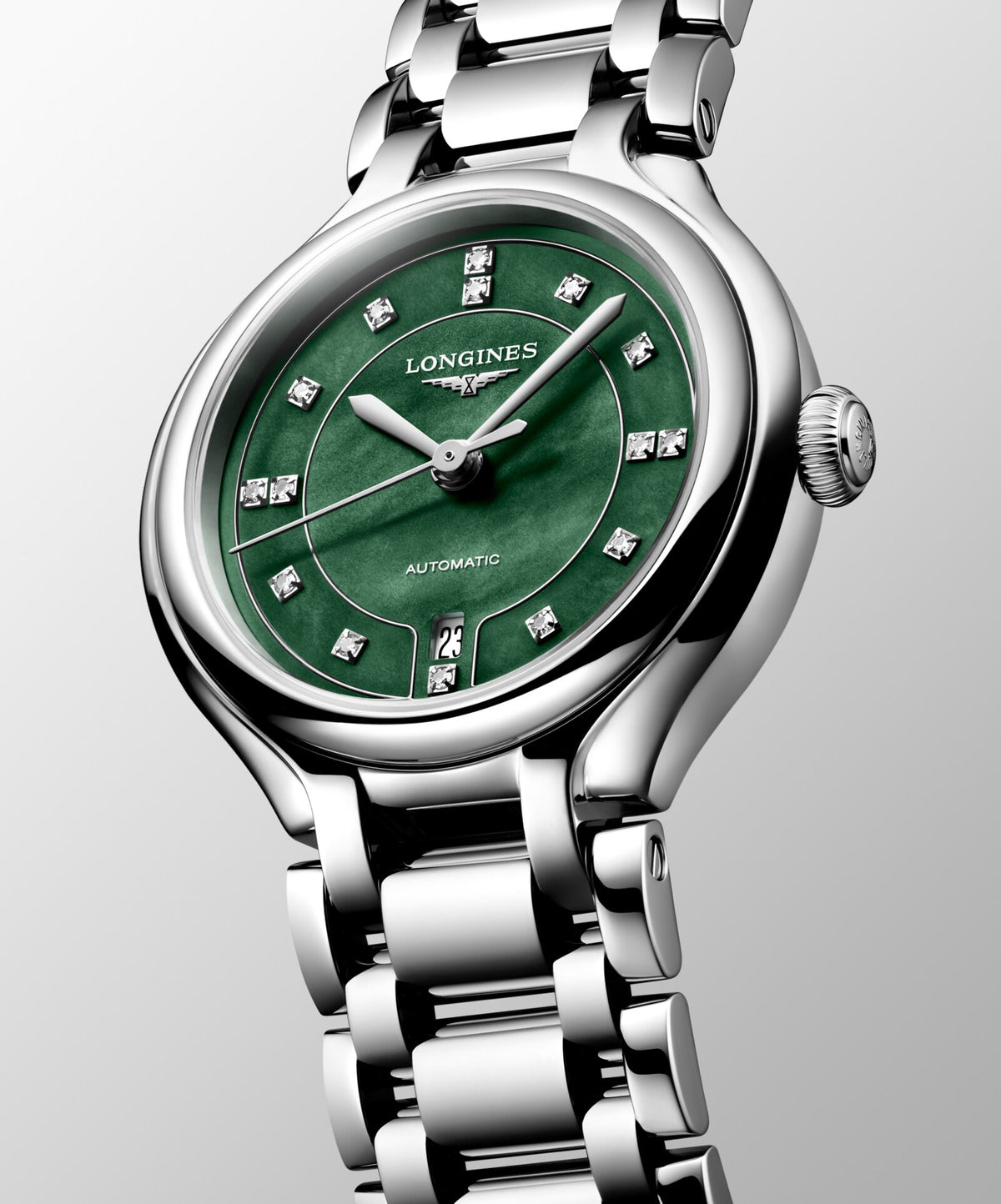 [SIMCHA-OFFICIAL-GALLERY:L8.123.4.07.6:04] Longines PrimaLuna 30.00mm Automatic Vivid Green mother-of-pearl Dial Stainless Steel Bracelet Watch — official gallery view 4
