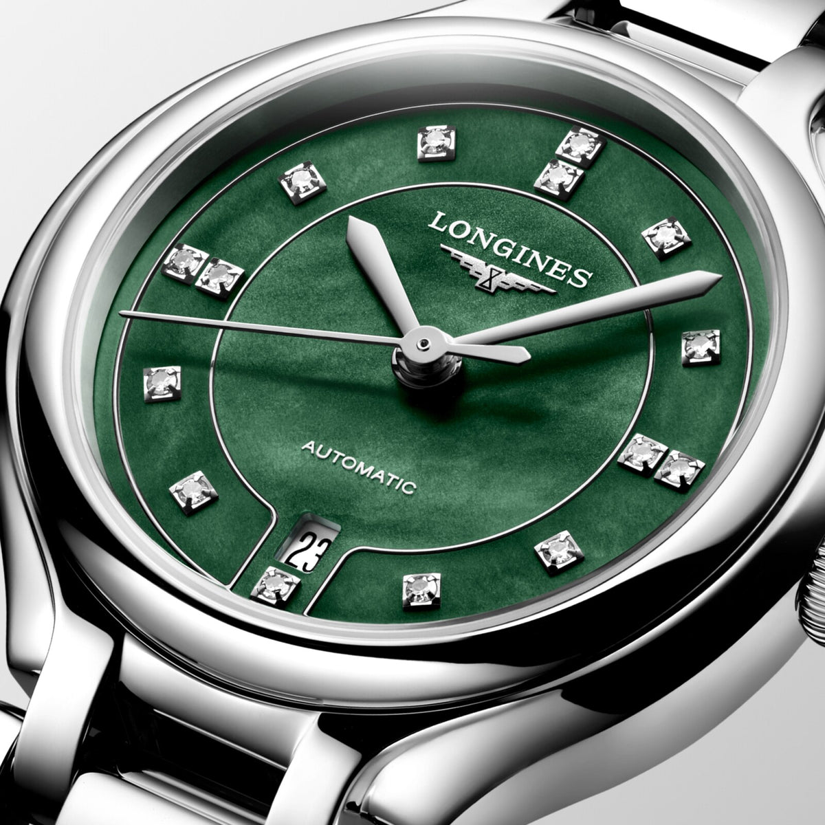 [SIMCHA-OFFICIAL-GALLERY:L8.123.4.07.6:02] Longines PrimaLuna 30.00mm Automatic Vivid Green mother-of-pearl Dial Stainless Steel Bracelet Watch — official gallery view 2