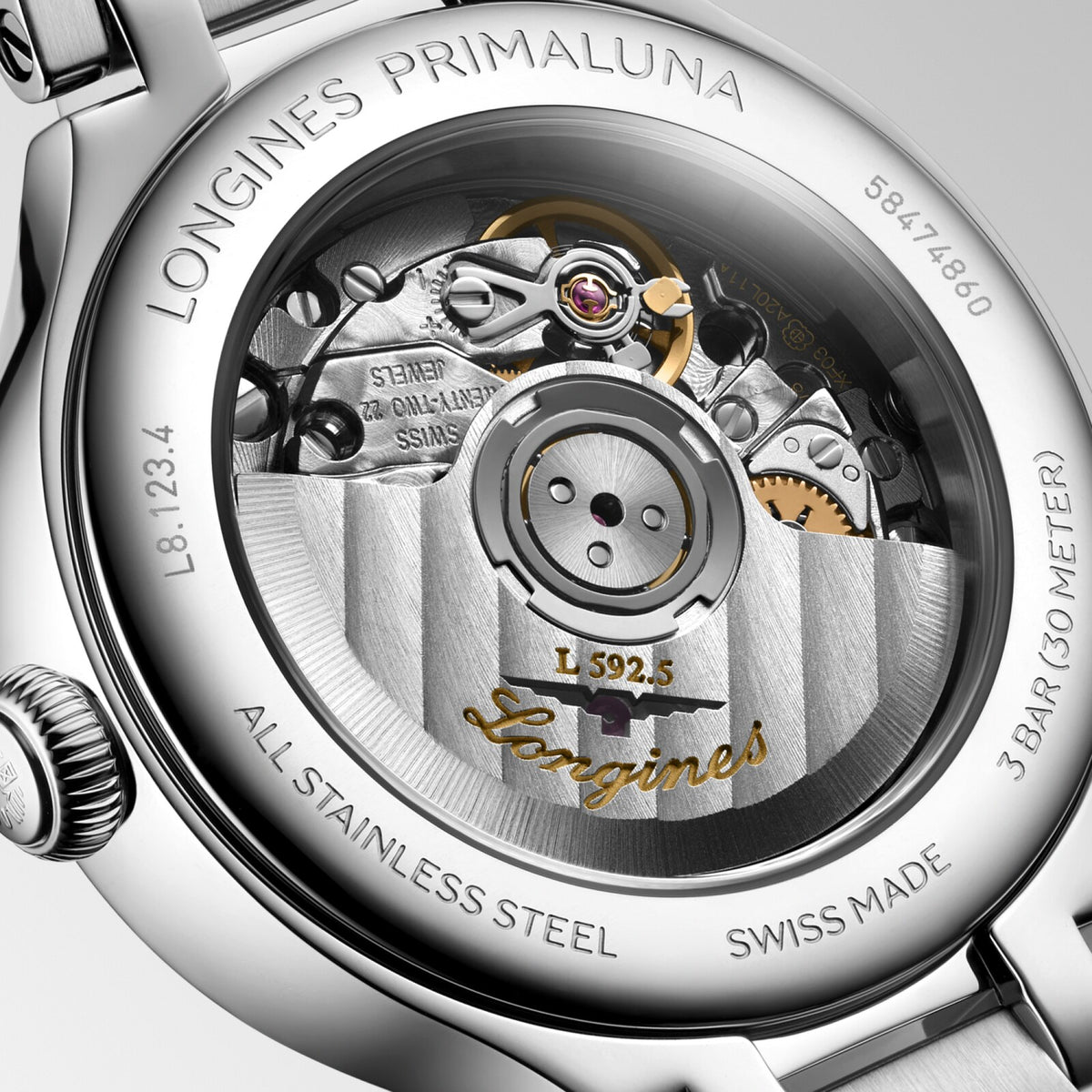 [SIMCHA-OFFICIAL-GALLERY:L8.123.4.71.6:03] Longines PrimaLuna 30.00mm Automatic Sunray silver Dial Stainless Steel Bracelet Watch — official gallery view 3
