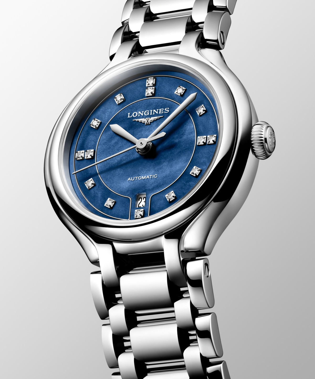 [SIMCHA-OFFICIAL-GALLERY:L8.123.4.97.6:04] Longines PrimaLuna 30.00mm Automatic Luminous Blue mother-of-pearl Dial Stainless Steel Bracelet Watch — official gallery view 4